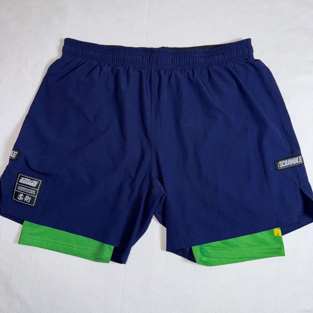 Scramble MMA Grappling Training Shorts Mens XL Navy Blue Green Jiu Jitsu Gym